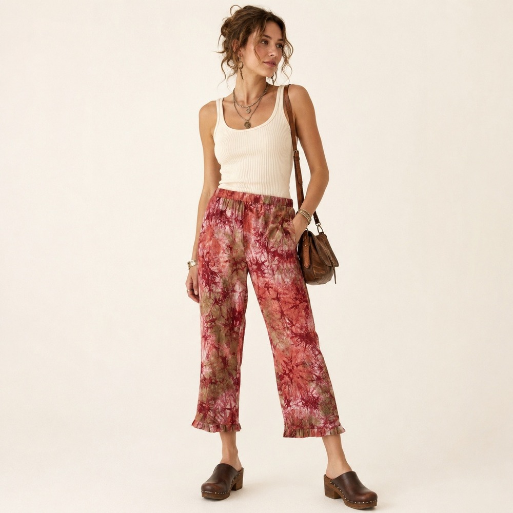 For Cynthia Tie Dye Linen Blend Ruffle Crop Pants Small Red Boho Fairycore